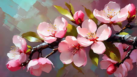 Blooming peach twig in sunny spring light. Digital painting. A.I.の素材
