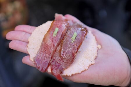 Close-up sushi wagyu on plates. Japanese food called Hida Beef Sushi at Takayama, Japanの写真素材