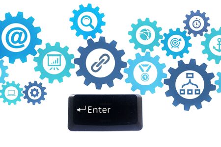The Enter button from laptop computer keyboard on graphic design background.Sign,Symbol for Business technology and management concept.white background.の写真素材