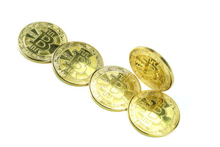 Golden Bitcoins (Cryptocurrency) stack of Digital coins on table desk workspace background.Blank empty for text.Copy space for word.Business concept.の写真素材