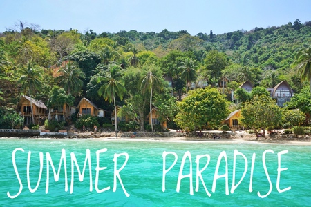 Exotic Tropical Beach landscape for background,wallpaper.Design of Summer vacation and business travel concept with âSummer Paradiseâ word.Beautiful nature green palm leaves and cottage on the beach.の写真素材