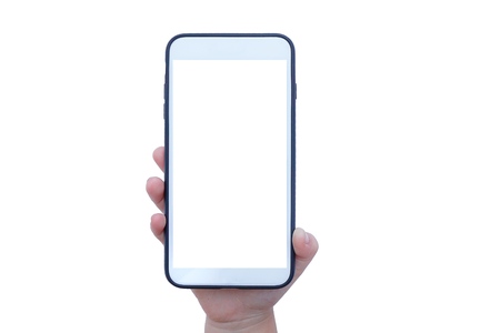 Kid's hand holding mobile smartphone empty touch screen isolated on white background.Blank free...