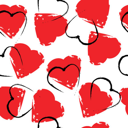 Seamless vector pattern with black and red hearts. Ornament for Valentine's day. Isolated on white background. Brush strokes.のイラスト素材