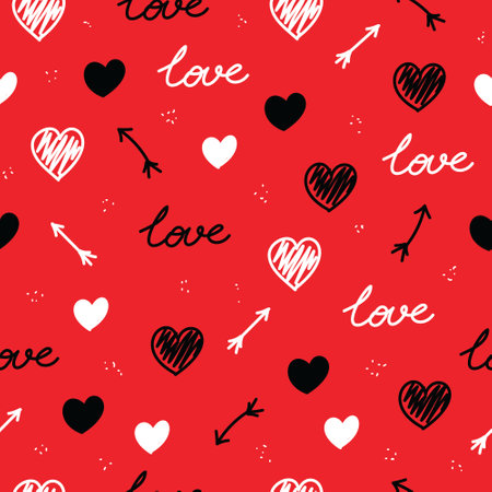 Seamless vector pattern with black and red hearts. Ornament for Valentine's day. Isolated on red background. Lettering loveのイラスト素材