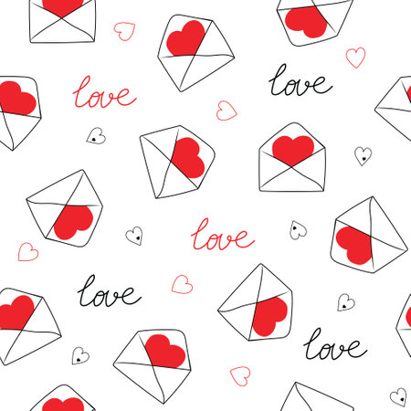 Seamless vector pattern with hearts and letters. Ornament for Valentine's day. Isolated on a white background. Lettering loveのイラスト素材