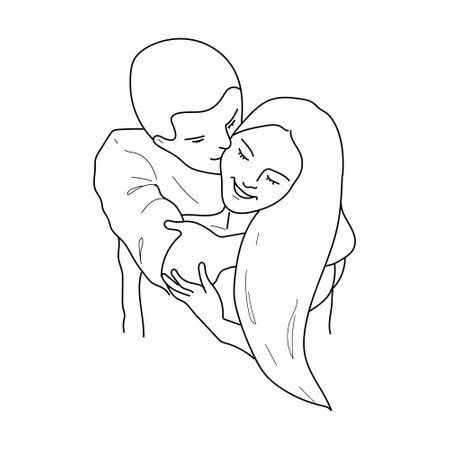Hand drawn vector illustration - loving couple embracing and kissing. Valentine's day card. Line artのイラスト素材