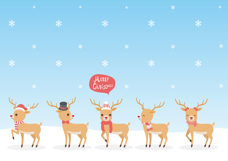 Set of characters cartoon cute Reindeer attributes for winter holidays and Christmas,in different costumes, vector illustration.のイラスト素材