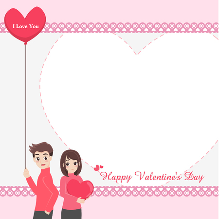Characters cartoon cute couple of lover for love valentine's day, holidays of love flat card background with young women and men, romance, heart balloons of love,vector illustration.のイラスト素材