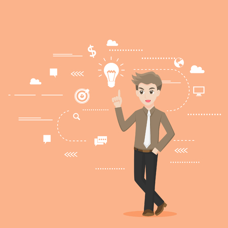 Young handsome smart businessman standing character design in front view with virtual office social communication icons on orange background flat vector illustrator.のイラスト素材