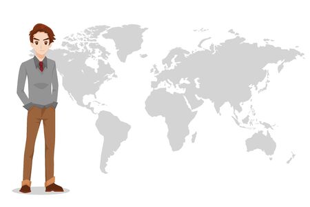Young handsome smart businessman standing character design in front view with world map on white background flat vector illustrator.のイラスト素材