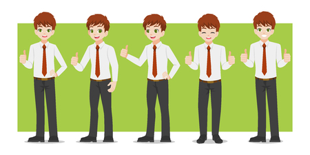 Businessman, Set of business characters young adult handsome smart guys standing flat design in front view on white colour background for presentation and explain office work,flat vector illustrator.のイラスト素材