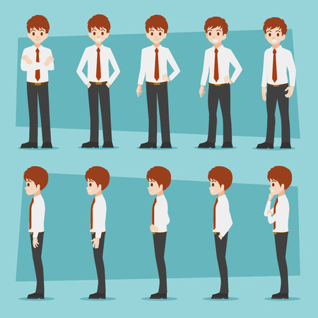 Businessman, Set of business characters young adult handsome smart guys standing flat design in front view on white colour background for presentation and explain office work,flat vector illustrator.のイラスト素材