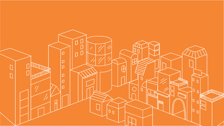 White thin line city elements. concept of downtown, office center, metropolis, residential, life. isolated on orange background. flat style trend modern logo design vector illustrationのイラスト素材