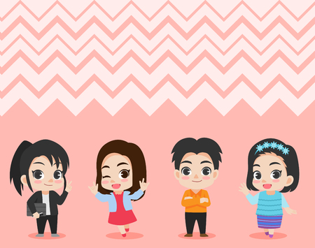 Set of cute cartoon characters happy family, daughter, sister, dad, mom standing flat design.のイラスト素材
