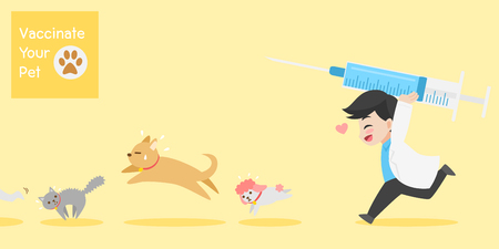 Frighten cute dogs, cat run doctor with injection needle character for vaccinate pets on background, vaccine concept, save life, people health care, medical, medicine, flat design vector illustration.のイラスト素材