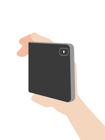 Hand hold new powerful Smart Phone new design advance technology with high resolution display, finger hand catch, business device concept, isolated on white background flat vector.のイラスト素材