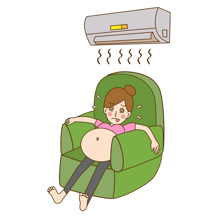 Pregnant women, cute cartoon character having a baby birth,mom, kid, family care concept, outline cartoon vector illustration.のイラスト素材