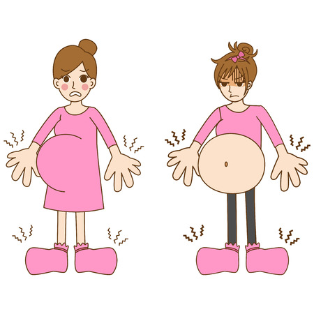 Pregnant women, cute cartoon character having a baby birth,mom, kid, family care concept, outline cartoon vector illustration.のイラスト素材