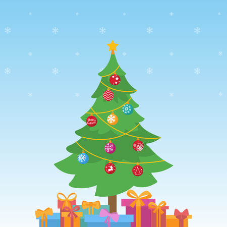 Merry Christmas and Happy New Year cute Cartoon character flat design vector for greeting holiday in winter, Christmas tree, Christmas Ball, Gift, box ,ribbon bows.のイラスト素材