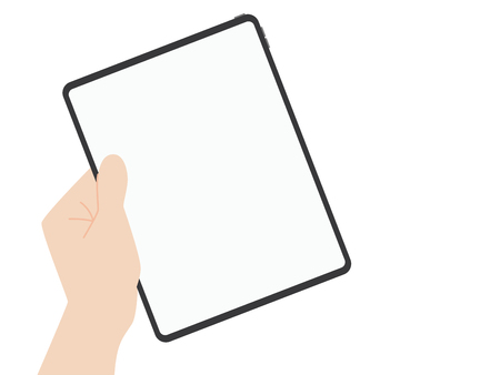 Hand catch new powerful tablet new design advance technology with high resolution display, liquid retina display, business device, tablet, screen, future technology, flat vector.のイラスト素材