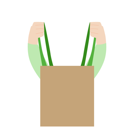 Thank you for not using Plastic Bags, People hold hand paper bag, cloth bag, No Plastic Bag Concept, save world, protect animals flat design vector.のイラスト素材