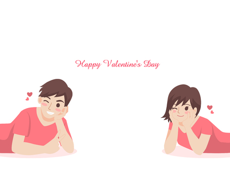 cute couple of lover characters cartoon for love valentine's day, holidays, flat design decorative elements with young woman and man, romance, hearts, date, sweet, wedding, vector illustration.のイラスト素材