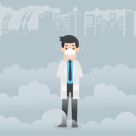 Doctor wearing protective face masks Character Medical Health care concept, factory pipes emitting smoke on background. Fine dust, PM 2.5, air pollution, industrial smog, pollutant gas emission.のイラスト素材