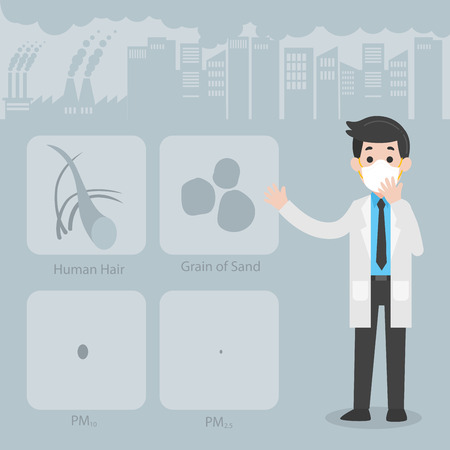 Doctor wearing protective face masks Character Medical Health care concept, factory pipes emitting smoke on background. Fine dust, PM 2.5, air pollution, industrial smog, pollutant gas emission.のイラスト素材