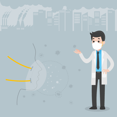 Doctor wearing protective face masks Character Medical Health care concept, factory pipes emitting smoke on background. Fine dust, PM 2.5, air pollution, industrial smog, pollutant gas emission.のイラスト素材