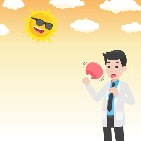 Doctor holding fan have heatstroke in summer concept, hot weather, cartoon character vector in flat design Medical Health care Life.のイラスト素材