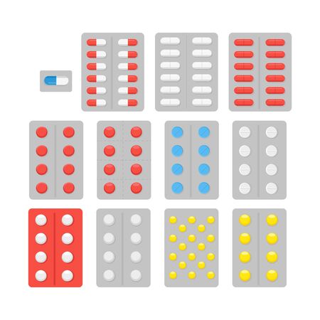 Set of several colorful Medicine, pharmacy, tablet, capsule, hospital set of drugs with labels. Medication, pharmaceutics medical healthcare concept. Vector illustrationのイラスト素材