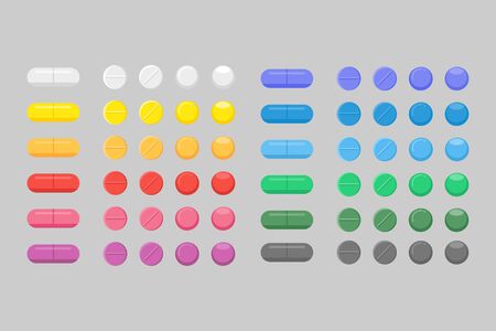 Set of  several colorful Medicine, pharmacy, tablet, capsule, hospital set of drugs with labels. Medication, pharmaceutics medical healthcare concept. Vector illustrationのイラスト素材