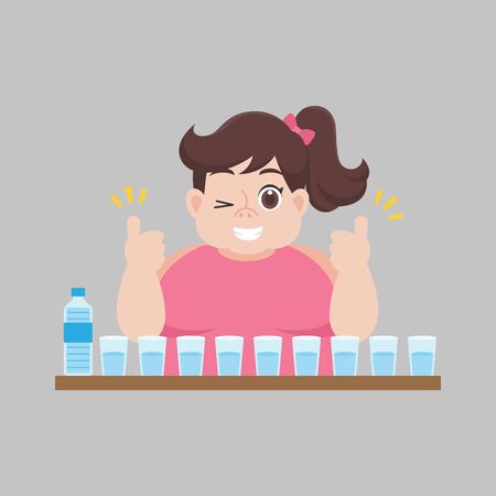 Big Fat woman drinking fresh water, more clean bottle of water, glass, good health, diet cartoon, lose weight, Lifestyle healthy Healthcare concept.のイラスト素材