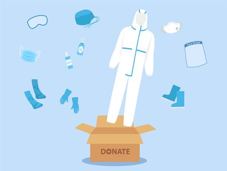 People donate PPE personal protective suit Clothing isolated and Safety Equipment for prevent Corona virus, man hold donate box for give and support doctor work safetyのイラスト素材