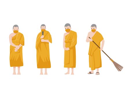 Set of monks. Social Distancing, Monk keep distance for infection risk and disease, for prevent virus Covid-19.Corona virus. Health care concept.のイラスト素材