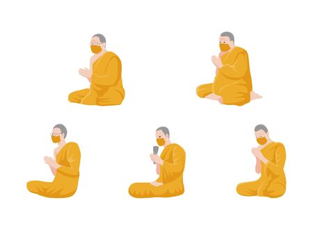 Social Distancing, Monk Pray and keep distance for infection risk and disease, for prevent virus Covid-19.Corona virus. Health care concept.のイラスト素材