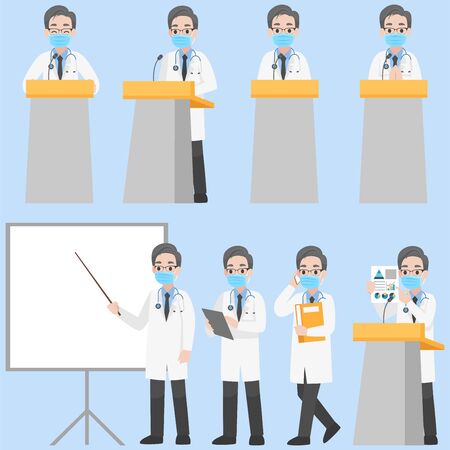 Set of Doctors Character wearing protective Medical mask for prevent Corona Virus, Health care concept.のイラスト素材
