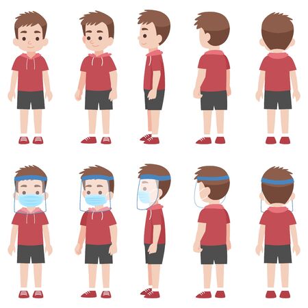 Set of children in new normal life wearing a surgical protective Medical mask and face shield for preventcoronavirus, Health care concept.のイラスト素材