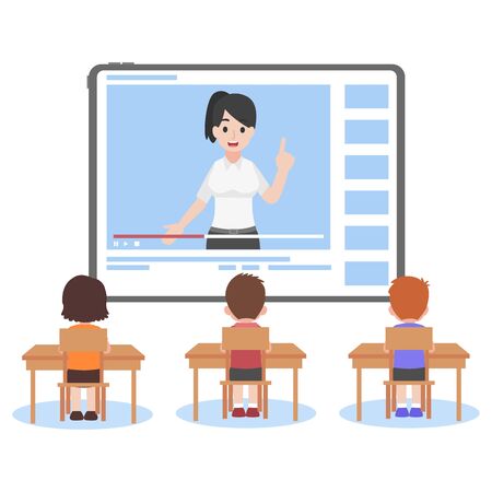 Online Teacher on Tablet monitor teaching education lesson for student on video blog social media webinar training, Distance Learning Television concept.のイラスト素材