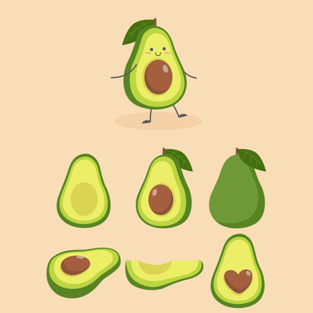 Set of Avocado icons set. fruit or vegetables, half, slices, with a large seed. Food for a healthy diet. Vector flat illustrationのイラスト素材