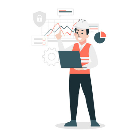 Engineers working on laptop computers. Vector illustration of a cartoon character.のイラスト素材