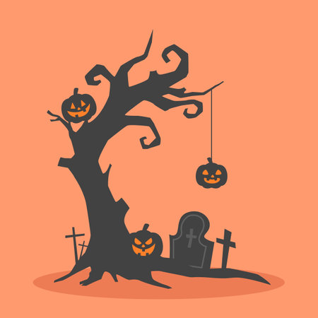 Happy Halloween trees of pumpkin on graveyard dark night and tombstone to celebrate Halloween celebrities' holiday greetings. Vector illustration cartoon.のイラスト素材