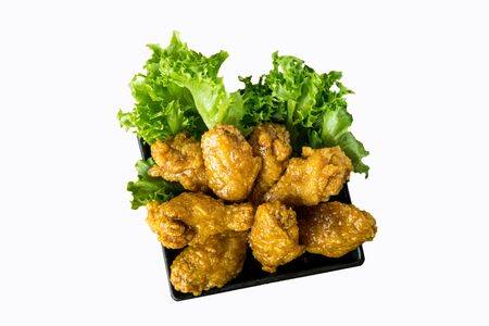 fried chicken isolate on white background,food styling on table.top view from above.の写真素材