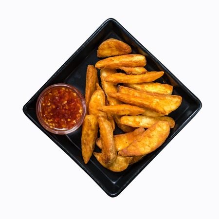 French fries, chips, finger chips are cut deep-fried potatoes,Common fast food served with tomato sauce, ketchup, vinegar, mayonnaise,Isolated on white backgroundの写真素材