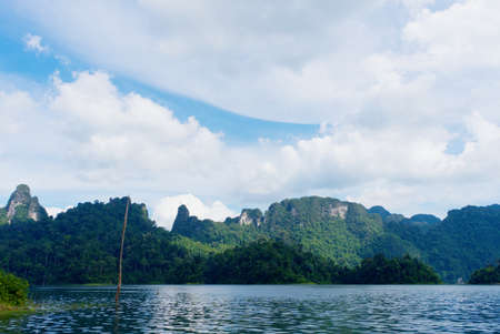 The mountains and lake scenery with blue sky, Khao Sok National Park Surat Thani, Thailand