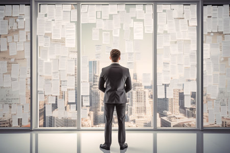 businessman standing thinking business plan, Paper pasted on the window, Generated AIの素材