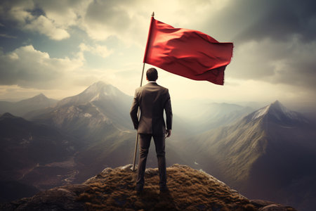 Businessman with red flag standing on mountain top, Sky, Generated AI background, back viewの素材