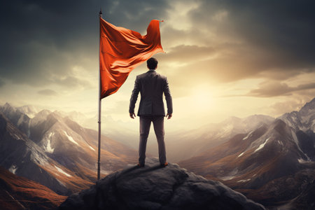 Businessman with orange flag standing on mountain top. Sky background, Generated AIの素材