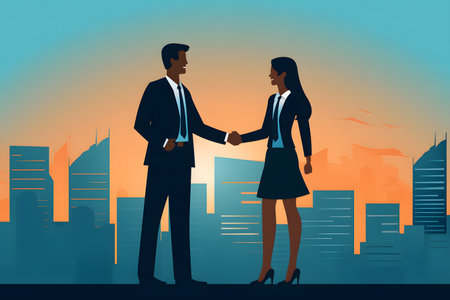 businessman and businesswoman character design shake hand, building,  background, Generated AIの素材