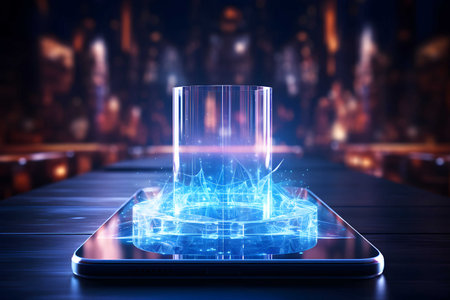 hologram from smartphone futuristic technology digital background blue neon, Generated AIの素材